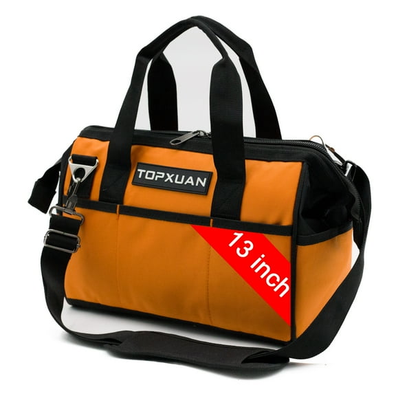 TOPXUAN Tool Bag 13 Inch Waterproof Orange Tool Organizer with Wide Mouth and Shoulder Strap for Power and Small Hand Tools Oxford Cloth Fabric(18 Pockets)