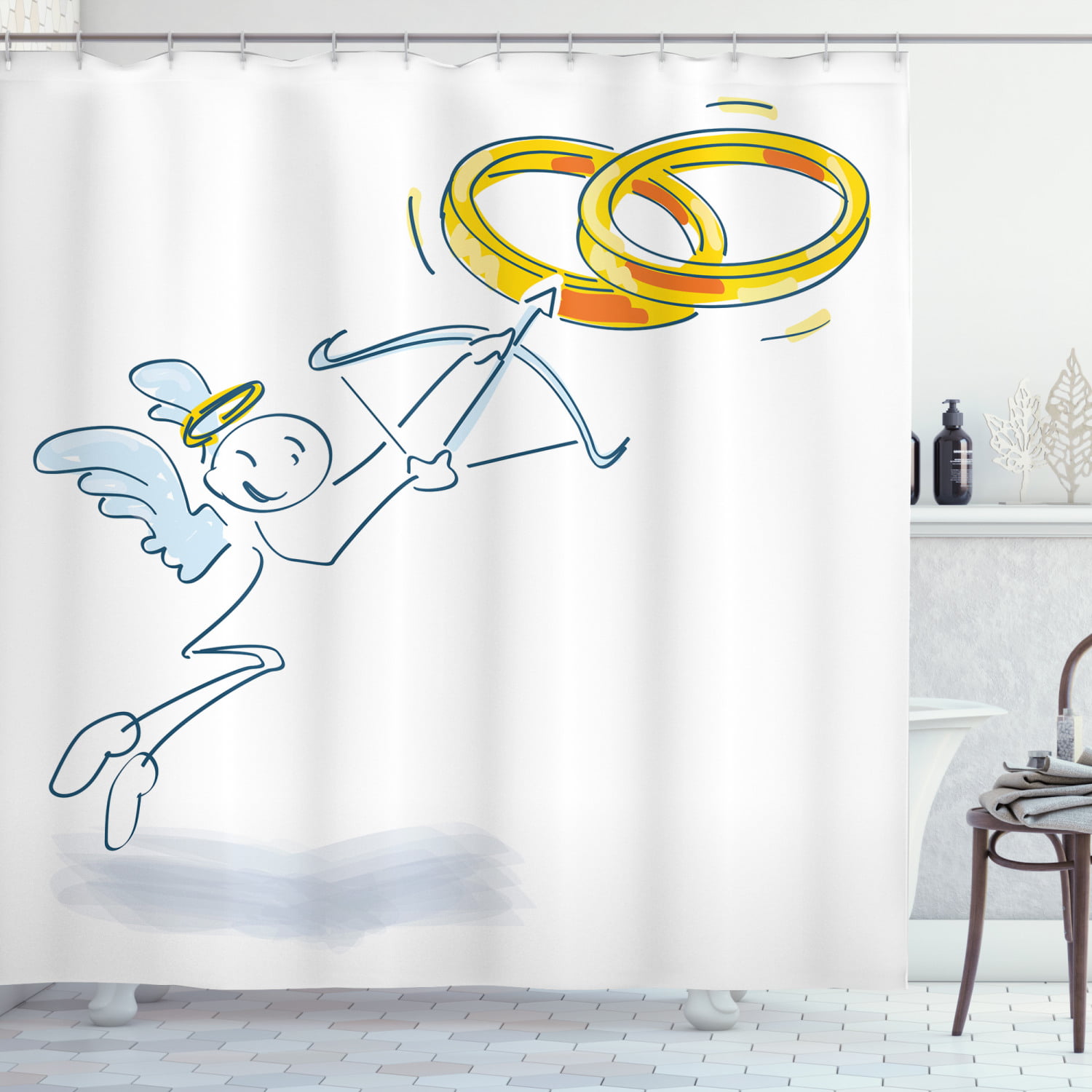 Engagement Party Shower Curtain, Amusing Design Cupid Stickman Shooting the Pair of Wedding Rings, Fabric Bathroom Set with Hooks, 69W X 70L Inches, Yellow and Baby Blue, by Ambesonne