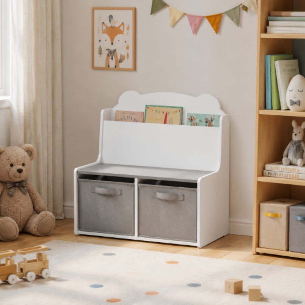 Kids Bookshelf with Storage Bins, Wooden Bookcase with Front-Facing Book Display & 2 Removable Fabric Bins, Bear-Shaped Backboard, White & Gray