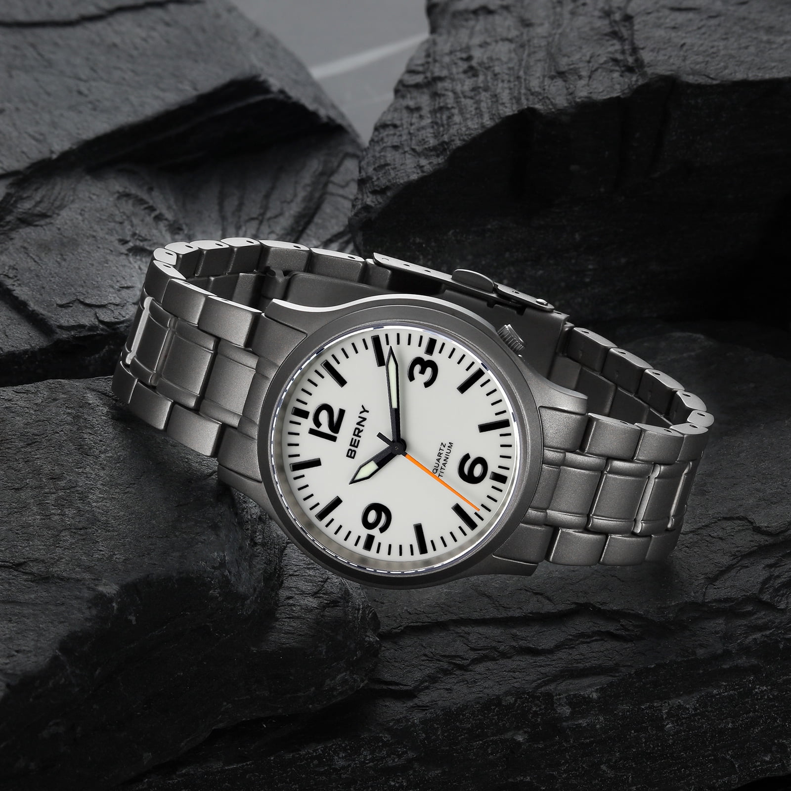 BERNY Watches for Men Military Sport Titanium Field Watch with Sapphire Crystal Luminous Fashion Analog Quartz Watch Easy to Read 50M Waterproof Army Tactical Casual Wristwatch (White)