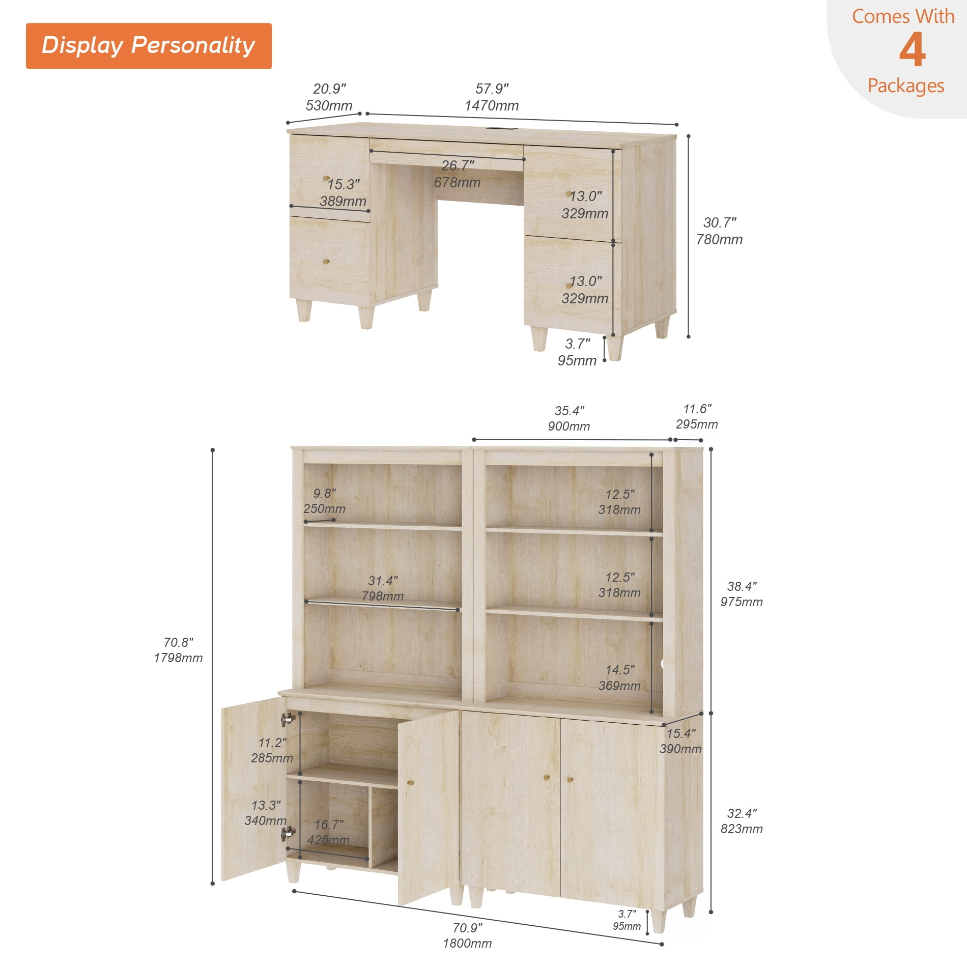 WAMPAT Home Office Furniture Set, 58" Executive Desk with Charging Station and Drawers, 2-Column 71" Tall Bookcase with Doors and Adjustable Shelves for Living Room, Natural Oak