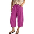 thumbnail image 2 of iHPH7 Women's Elastic Waist Cropped Trousers Cotton Linen Barrel Capris with Pockets Drawstring Casual Boho Summer Beach Lounge Bottoms Hot Pink S, 2 of 7
