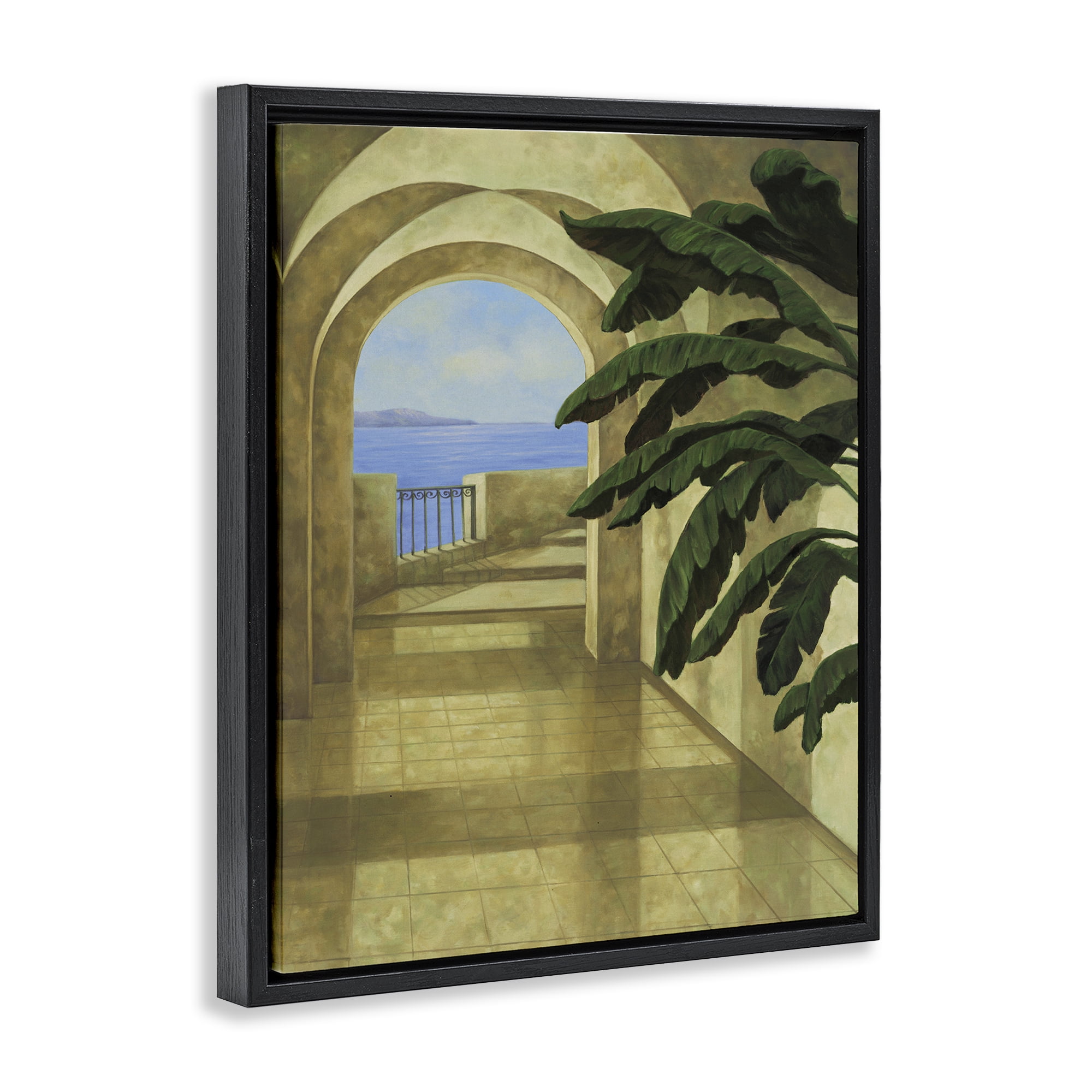 Stupell Industries Coastal Villa Palm Town & City Painting Black Floater Framed Art Print Wall Art, 17 x 21