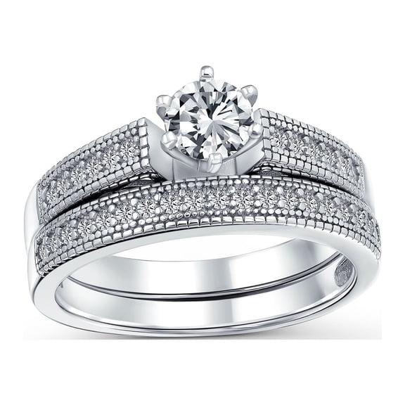 Bling Jewelry Womens 1.5CT Round Cubic Zirconia Solitaire 6 Prong Milgrain CZ Pave Engagement Band Ring Set Sterling Silver