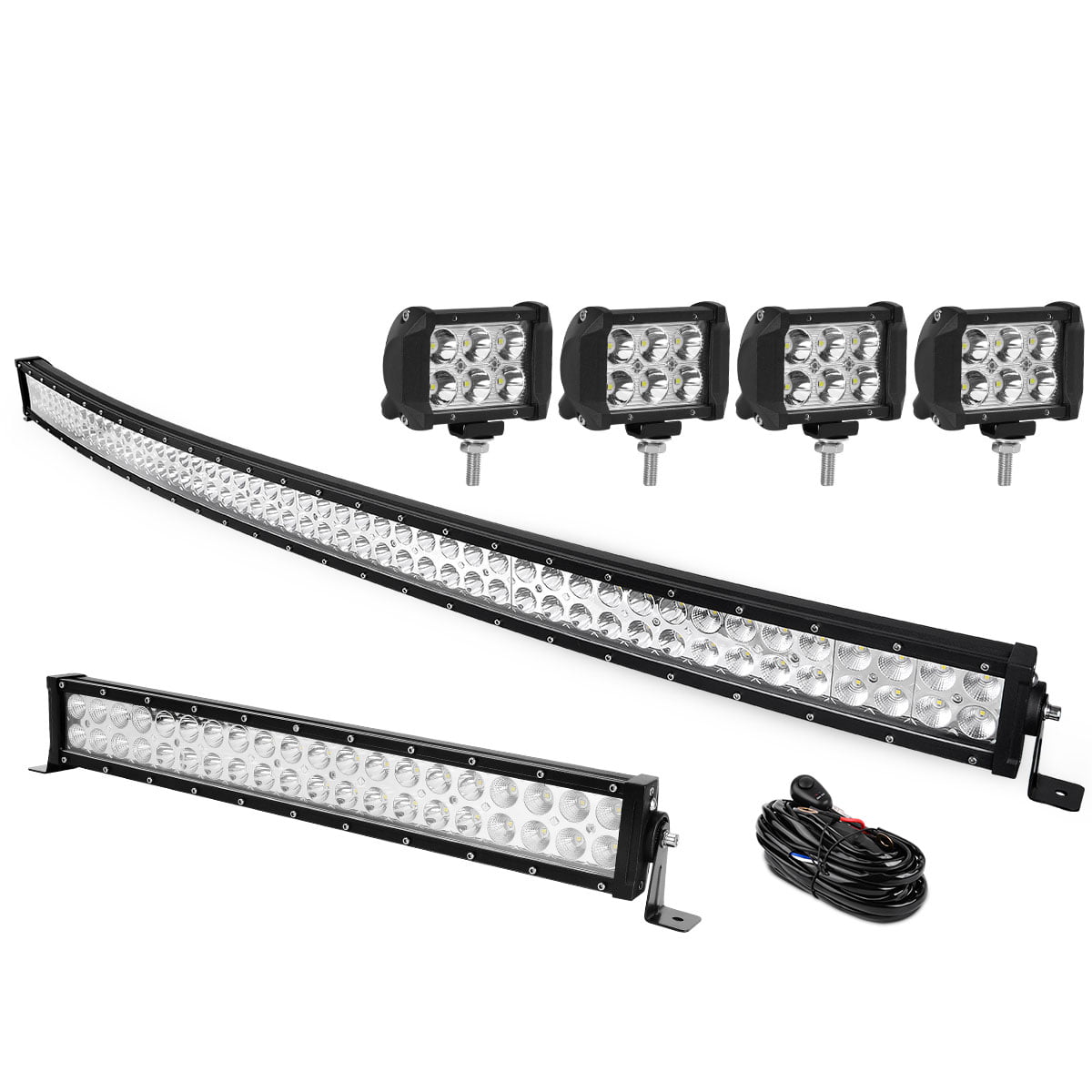 50inch Curved Offroad LED Light Bar 4" CREE Pods SUV Driving Wiring Harness 52" 