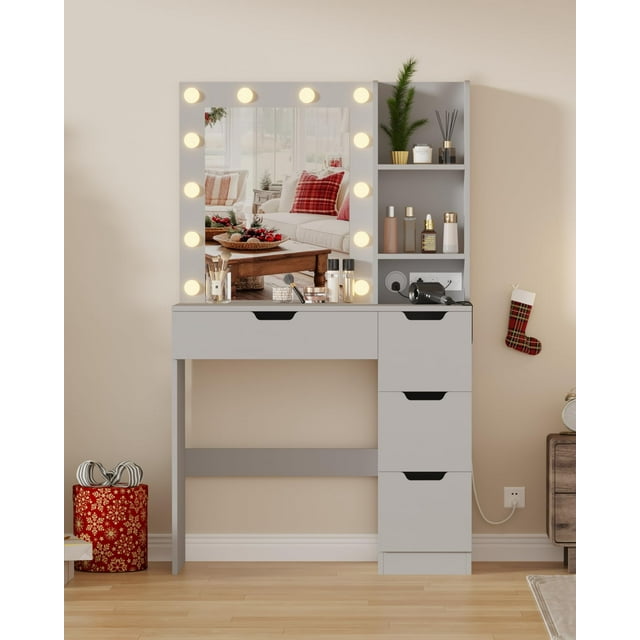 Vanity Desk with Mirror and Lights - Makeup Vanity Desk with 4 Drawers, Built-in Power Outlet & USB, Adjustable LED Lighting, Makeup Table for Bedroom (Grey)