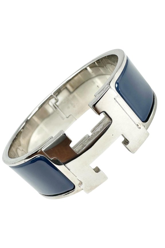 Pre-Owned HERMES Clic Clac H Bangle, Enamel Plated, Navy Silver, Women's