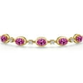 thumbnail image 3 of Gem Stone King 18K Yellow Gold Plated Silver Pink Created Sapphire and Lab Grown Diamond Bracelet for Women | 4.90 Cttw | Gemstone September Birthstone | Oval 7X5MM | Fully Adjustable 9 inch, 3 of 6