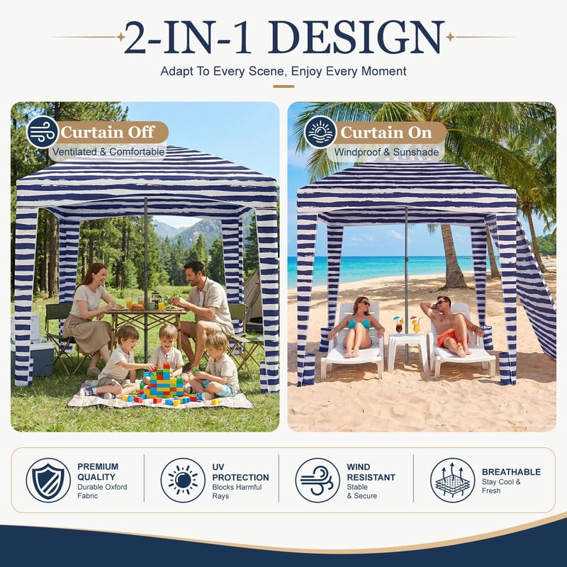 Simenmax 6x6ft Beach Cabana, Large Beach Canopy with Side Wall, UPF 50+ Protection Easy Setup Beach Tent Sun Shelter, Portable Beach Tent for Whole Family, Dark Blue
