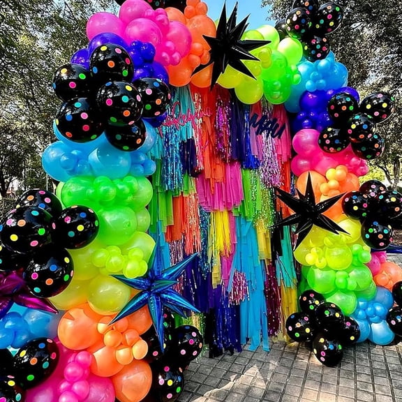 175Pcs Neon Balloons Arch Garland Kit, Glow in the Dark Balloons (Rainbow Star Dot) for Back to 80s 90s DISCO Birthday Party Decorations, Fiesta, Let's Glow Party, Rock Roll Party Supplies