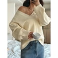 thumbnail image 4 of Women'S Loose V-Neck Long Sleeve Soft Ribbed Knit Pullover Top Solid Color Comfortable Casual Sweater Light Yellow L, 4 of 5