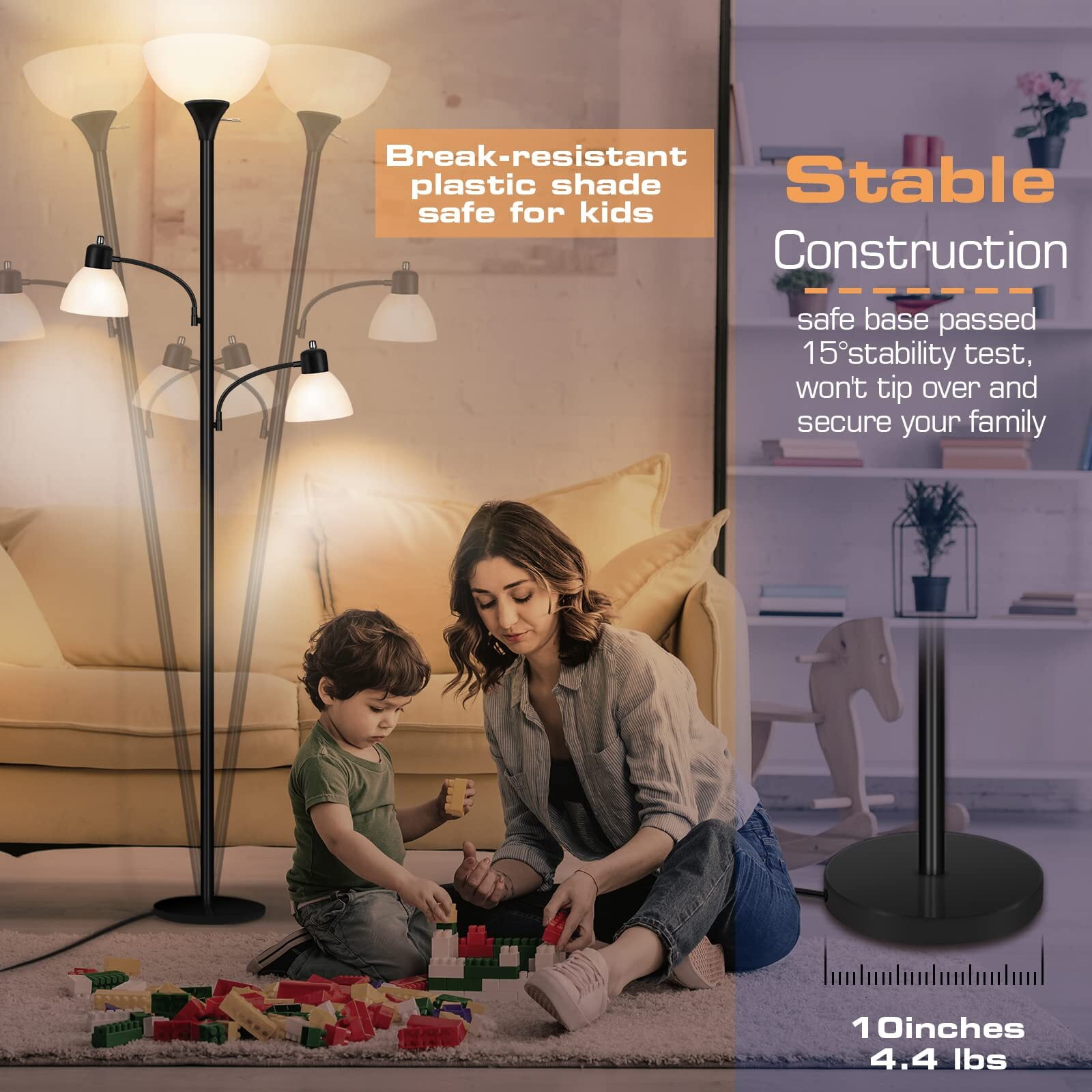 NATYSWAN Floor Lamps for Living Room,Torchiere Floor Lamp with 8W Adjustable Reading Lights, Morden Tall Lamps for Living Room, Bedroom, Office, 3 Bulbs Included