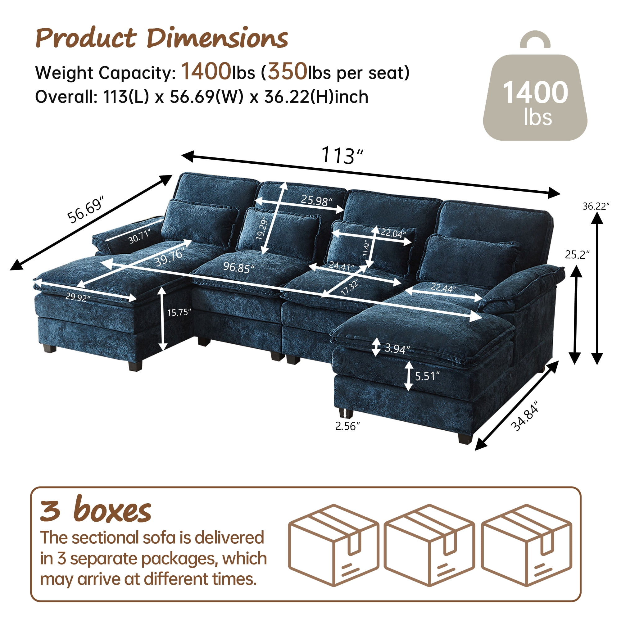 Pingliang Home Oversized Sectional Sofa U Shaped Couch 4 Seat with 4 Waist Pillows,Chenille Upholstery Symmetrical Sleeper Sofa Cloud Couch with Double Chaise Lounge for Living Room Apartment Office