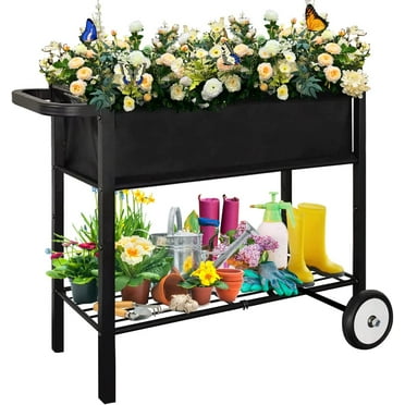 Koutemie Outdoor Raised Planter Bed Box with Legs for Gardening, Elevated DIY Garden Cart on Wheels for Vegetables Flower Tomato Herb Plant, Black