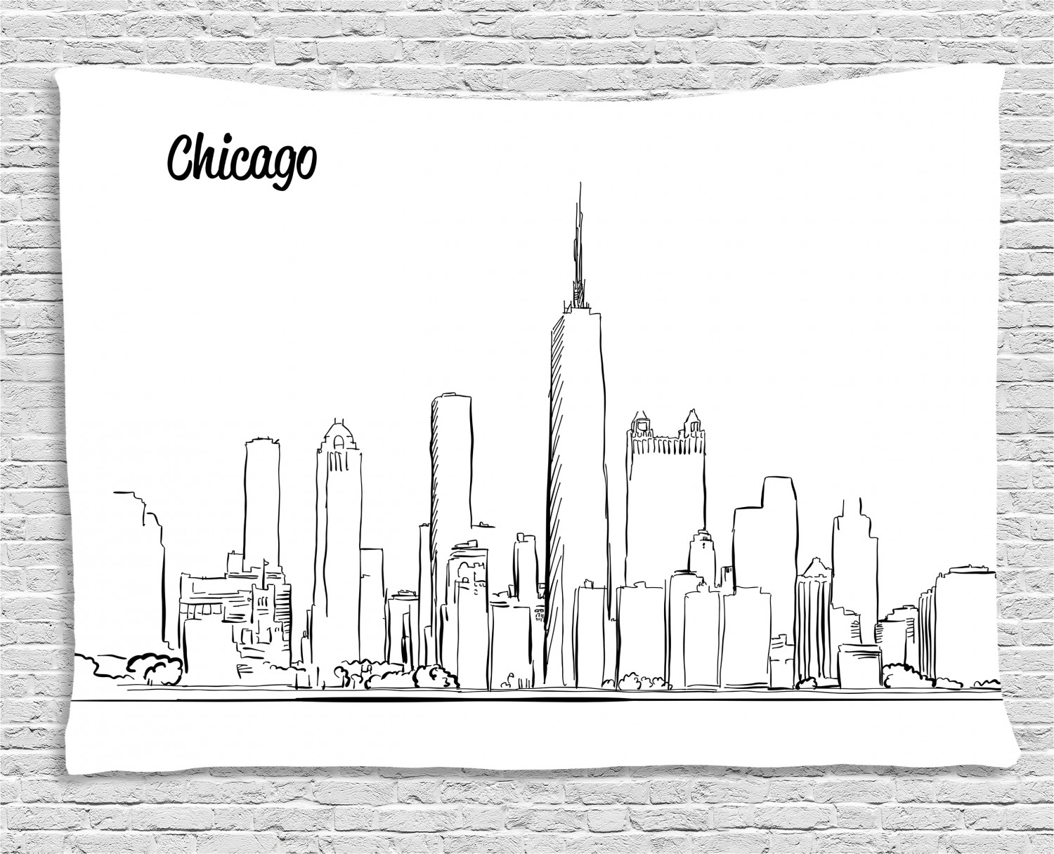 Chicago Skyline Tapestry, Hand Drawn City Silhouette Downtown Free Hand