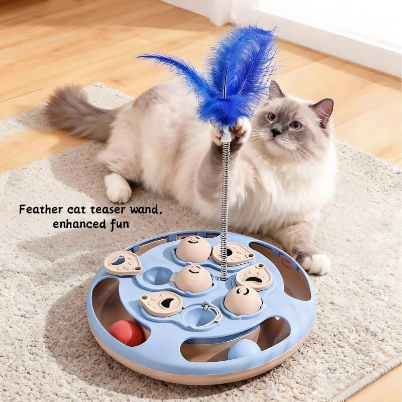 Cat Puzzle Toys,3 in 1 Cat Slow Feeder with Feather Teaser,Treat Dispenser,Balls Track,IQ Training and Mental Stimulating Enrichment Toys for Indoor Cats Interactive,Kitty Gift,Blue