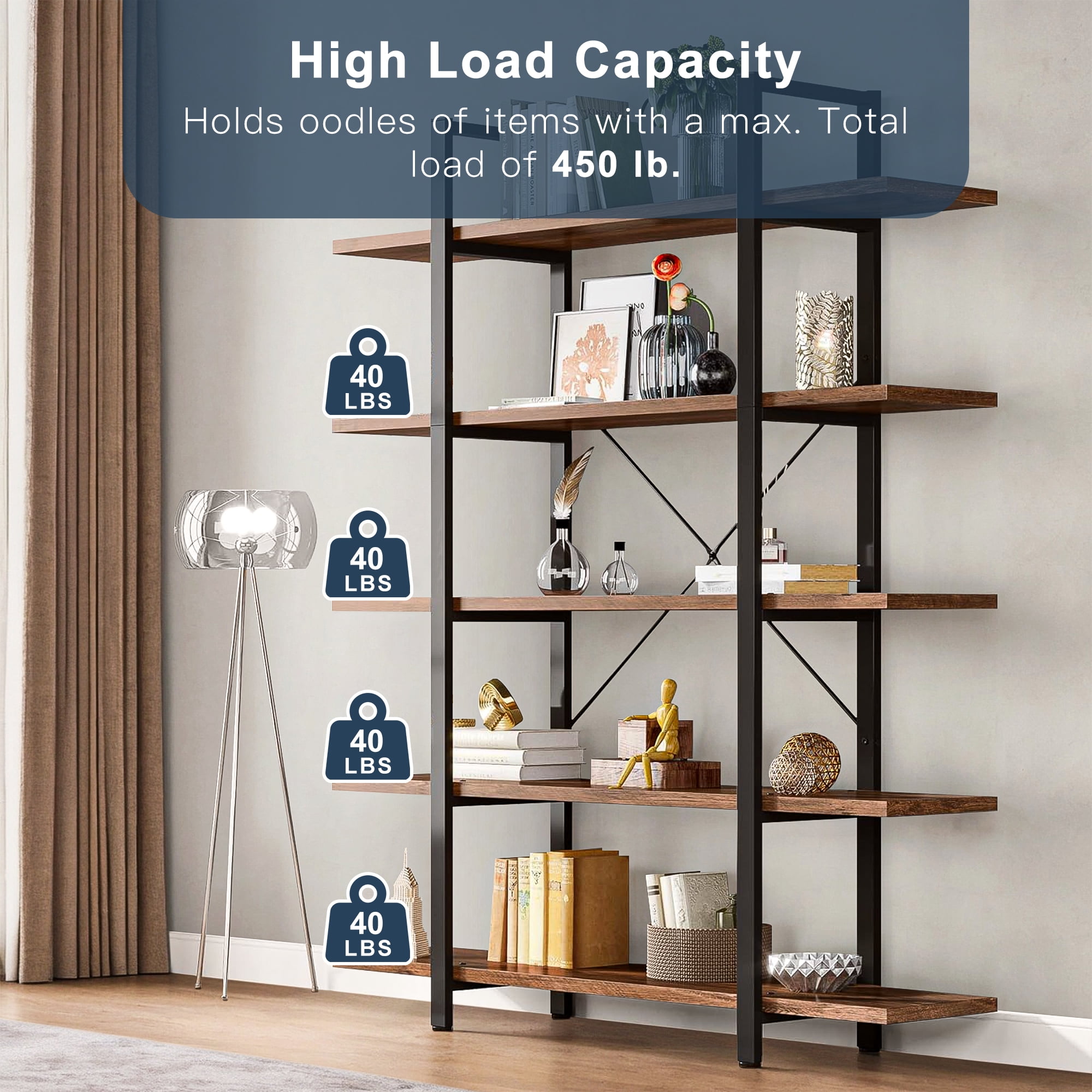 Demi Bonn 5 Tier Bookshelf, Bookshelves, Open Etagere Bookcase Shelf Storage Organizer, Free Standing Storage Shelving Unit for Bedroom, Living Room and Home Office, Brown