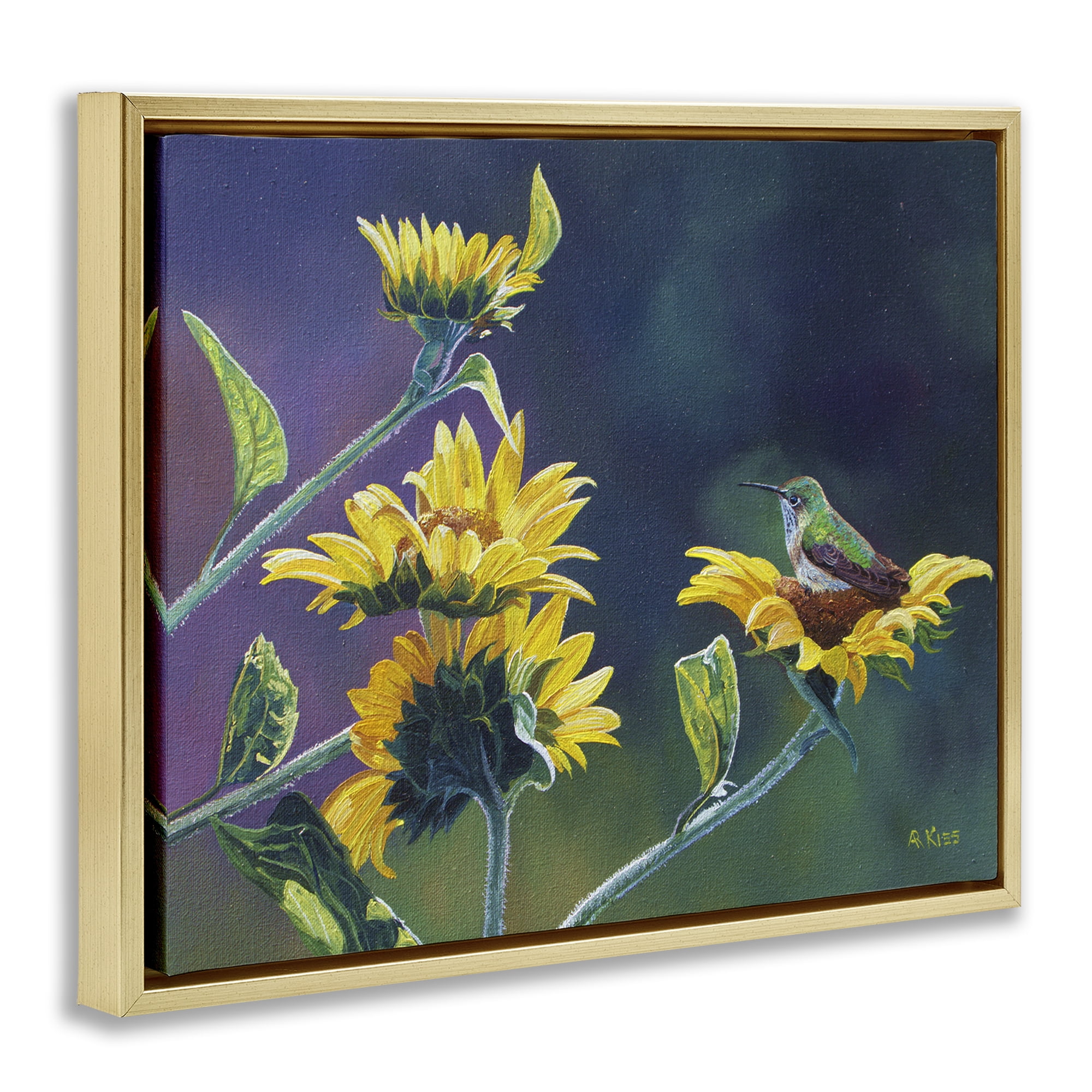 Stupell Industries Resting Birds on Sunflowers Plants & Flowers Painting Gold Floater Framed Canvas Art Print Wall Art, 31 x 25