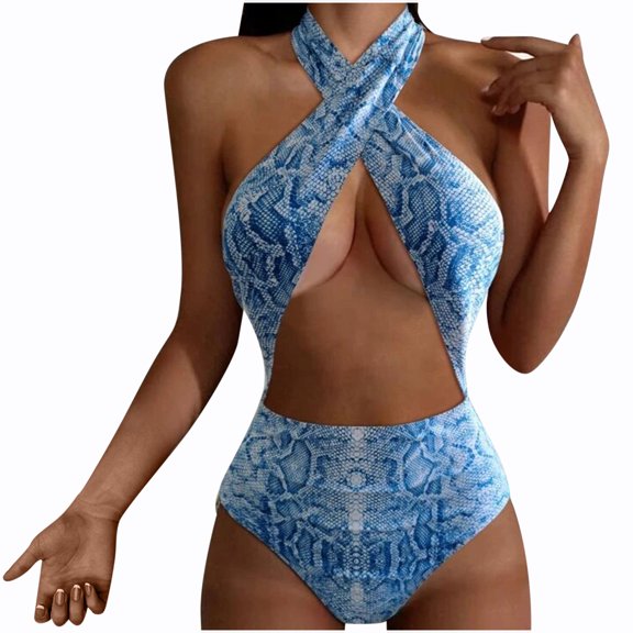 Snakeskin Swimwear for Women Halter One Piece Swimsuit Criss Cross Front High Waisted Cutout Backless Bathing Suit