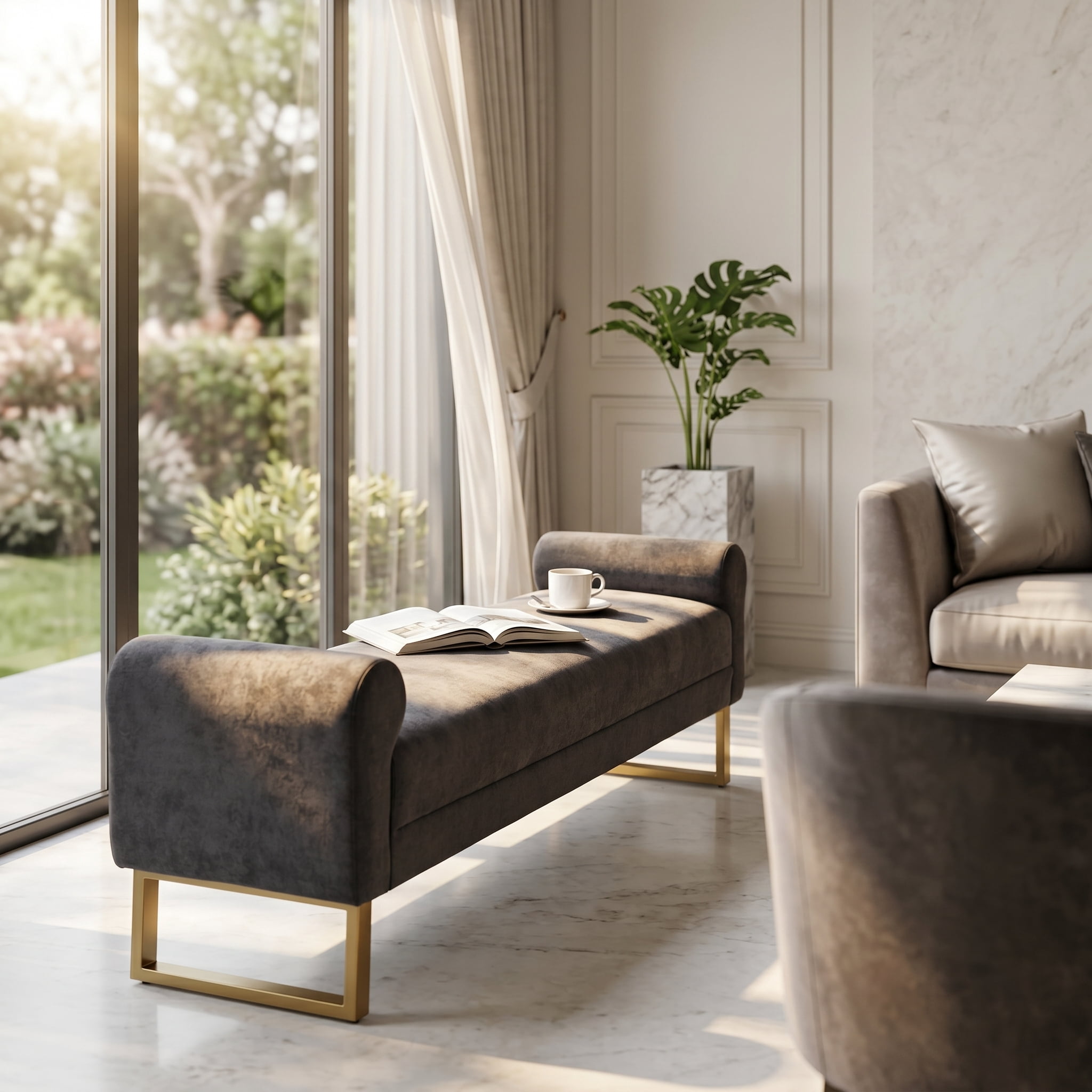 Ottoman Bench 65.4 Inch, Chenille Upholstered Bench with Gold Metal Legs, End of Bed Bench for Bedroom and Living Room, Dark Gray