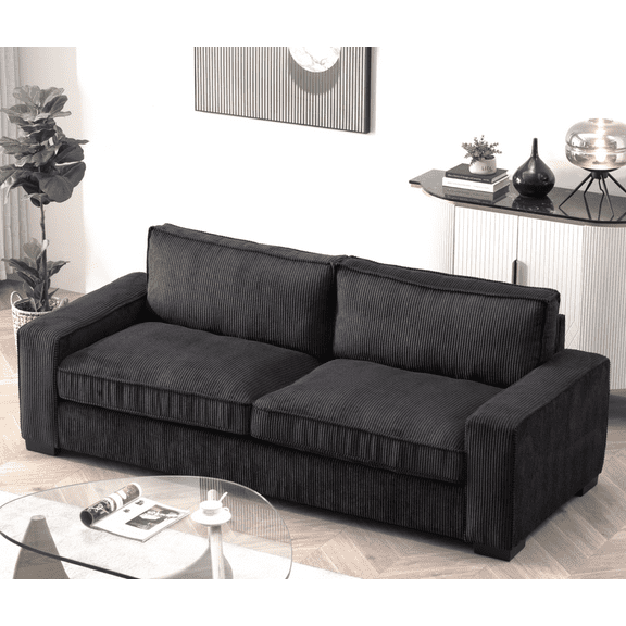 Corduroy Sofa Couch, 3 Seater Sofa Deep Seat Sofa  Couches, Comfy Cozy Modern Sofa for Living Room Bedroom Apartment, Black