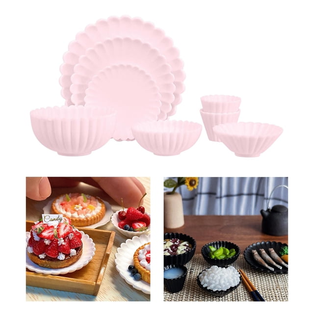 Accesorios de cocina en miniatura 1:6 Juego de tazas y Vajilla para decoración de juegos de simulación Comedor Rosado Yotijar plato de cocina de casa de muñecas