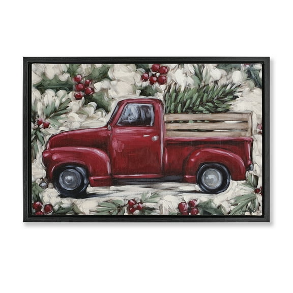 Stupell Industries Pickup & Festive Holly Holiday Painting Black Floater Framed Art Print Wall Art, 25 x 17