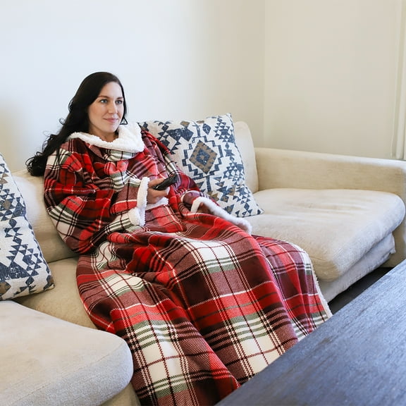 Catalonia Sherpa Wearable Blanket with Sleeves Arms, Super Soft Warm Comfy Large Fleece Plush Sleeved TV Throws Wrap Robe Blanket for Adult Women and Men, Red Plaid, 72" x 55"