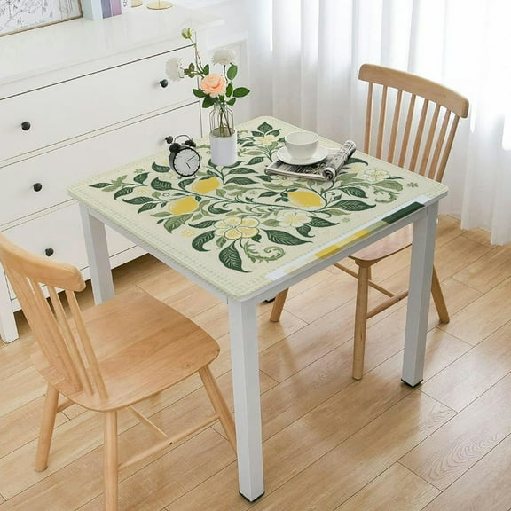 HAOXIT Designer Small Green Tablecloth for Square Tables, Linen with Yellow Flowers Pattern Tablecloths,Cottage Table Cover Cloth Decorative for Kitchen Dining Room White