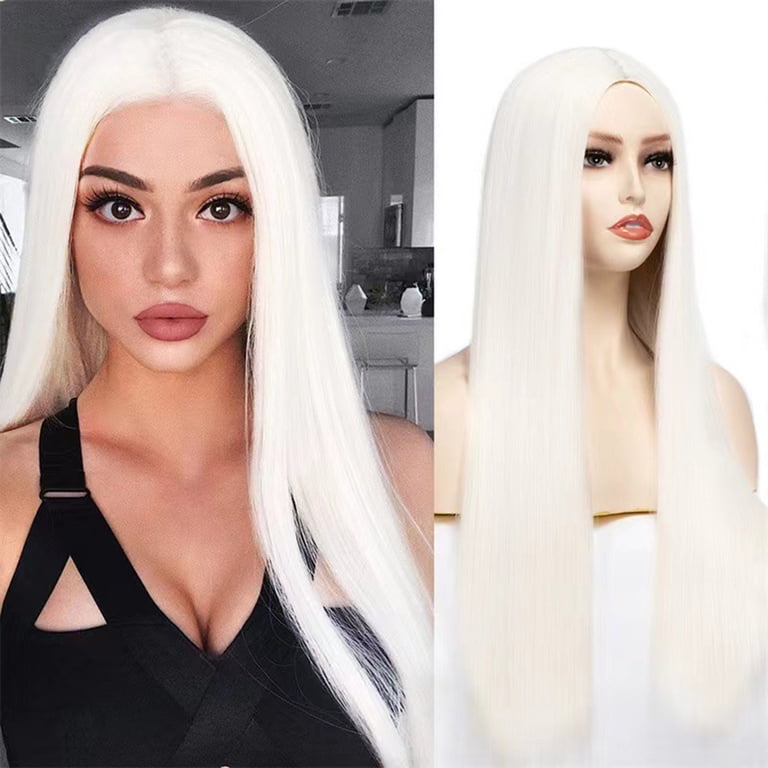 MAUXDA White Synthetic Lace Front Wig Straight Free Part  display picture 1
