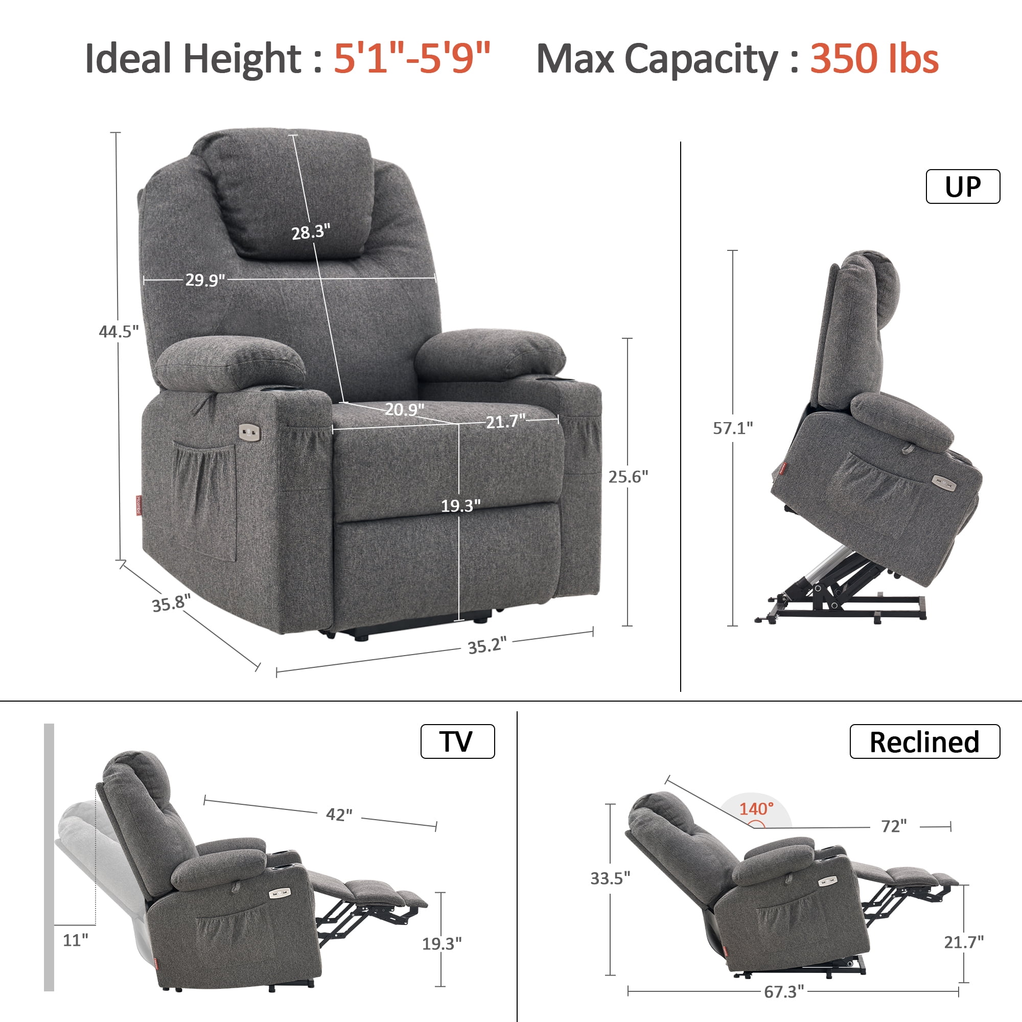 MCombo Electric Power Lift Recliner Chair with Massage and Heat for Elderly, 3 Positions, 2 Side Pockets, and Cup Holders, USB Ports, Fabric 7040 Dark Gray