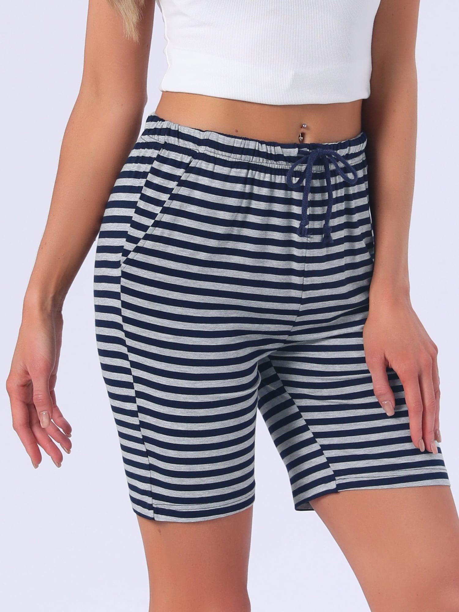 DARING DIVA Women's Stripe Soft Lightweight Elastic Drawstring Bottoms M Black