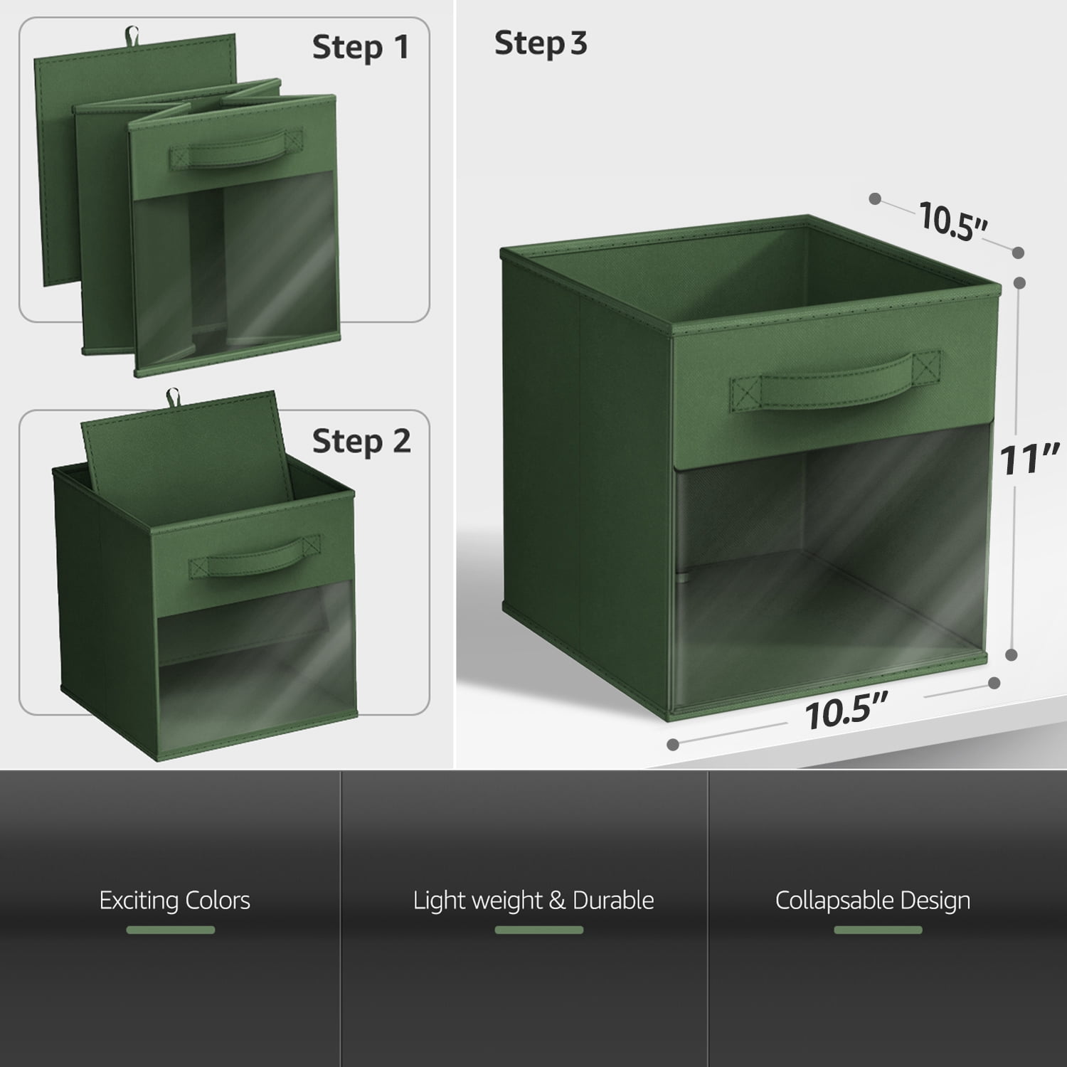 Sorbus 11” Foldable Storage Bins with Clear Window – Set of 6 Collapsible Fabric Baskets with Handles for Clothes, Toys, Books – Sturdy Organizer Cubes for Shelves & Closets, Dark Green