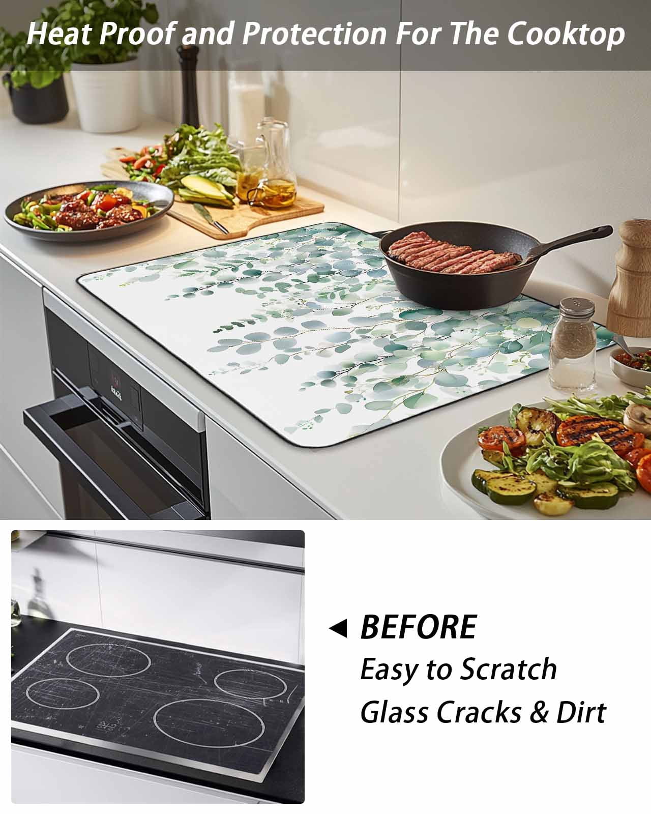 Stove Top Covers for Electric Stove, Eucalyptus Leaves Glass Stovetop Cover Protector, Teal Botanical Summer Weeping Induction Cooktop Protector Oven Mat for Kitchen Countertop 24"x21"