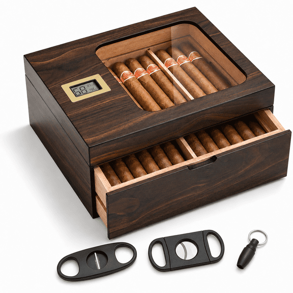 INSMART Cigar Humidor Box Set with 3-Piece Tool Kit, Spanish Cedar Lined Glass Top Case with Digital Hygrometer, Holds 25-50 Cigars