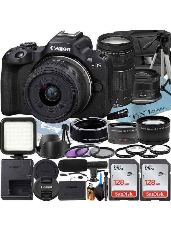 Canon EOS R50 Mirrorless Camera with RF-S 18-45mm + EF 75-300mm Lens + Mount Adapter + 2 Pack SanDisk 128GB Memory Card + Case + LED Flash + ZeeTech Accessory
