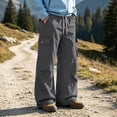 thumbnail image 3 of Iyufng Men's Drawstring Elastic Waist Casual Wide Leg Outdoor Cargo Pants with Button Flap Pocket, 3 of 7