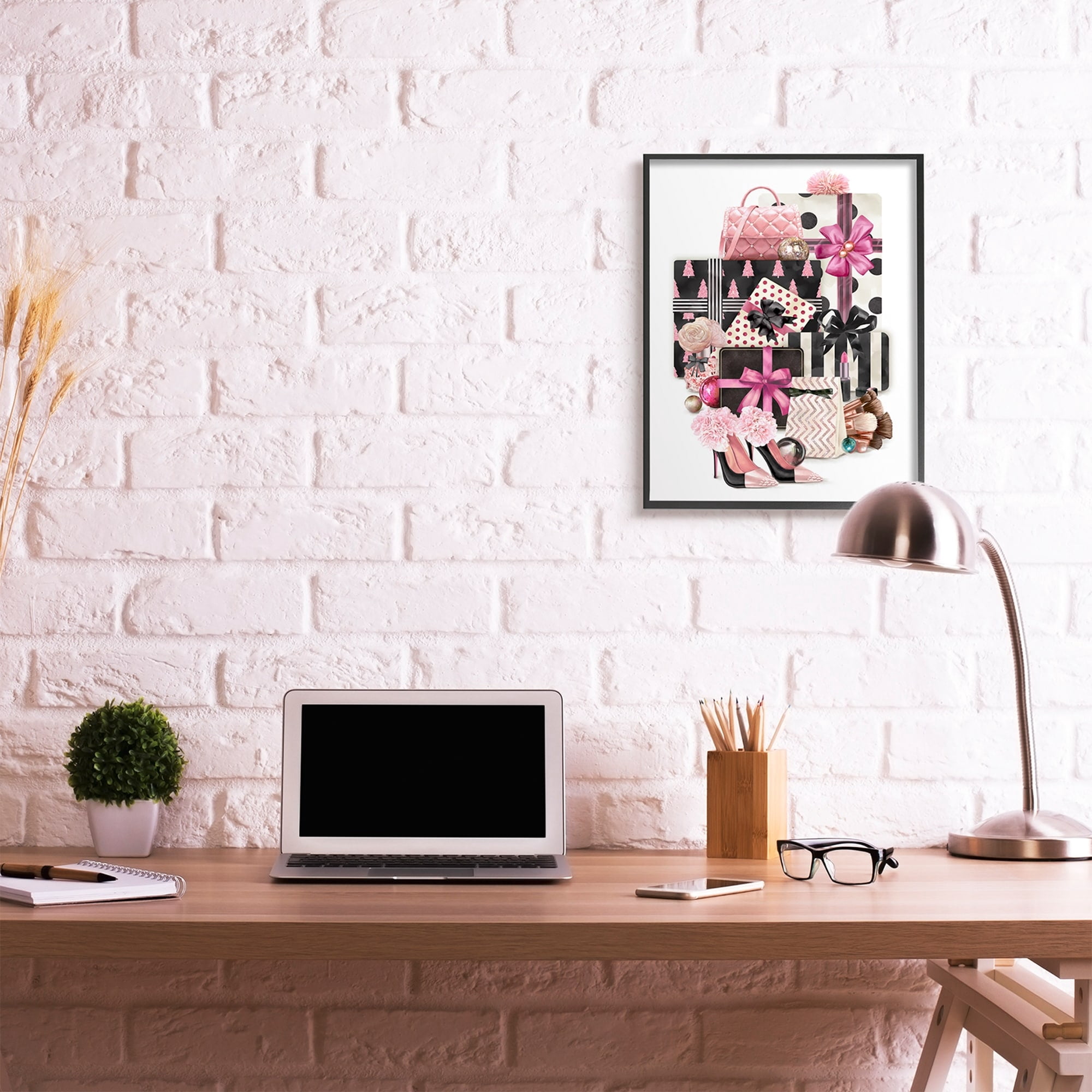 Stupell Industries Fashionista Christmas Gift Stack Glam Style Accessories Holiday Painting Black Framed Art Print Wall Art, 11 x 14