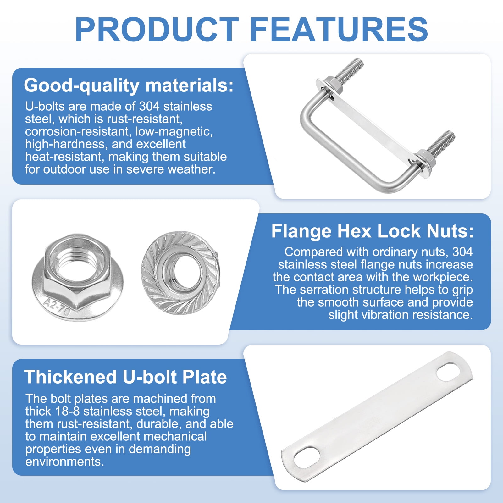 Uxcell 2 Set M10 3-9/16 Inch Inner Wide Square U Bolts, 2-3/4 Inch Length 304 Stainless Steel U-Bolts with Flange Hexagon Nuts, Frame Plates for Trailer, Automotive, (90mm W x 70mm L)