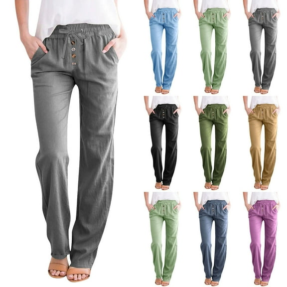 Horkkom Summer Pants for Women Elastic Waist Straight Leg Pants Outdoor Beach Hiking Pants Plus Size Drawstring Casual Pants with Pockets