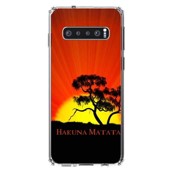 DistinctInk Clear Shockproof Hybrid Case for Samsung Galaxy S10 (6.1" Screen) - TPU Bumper, Acrylic Back, Tempered Glass Screen Protector - Hakuna Matata