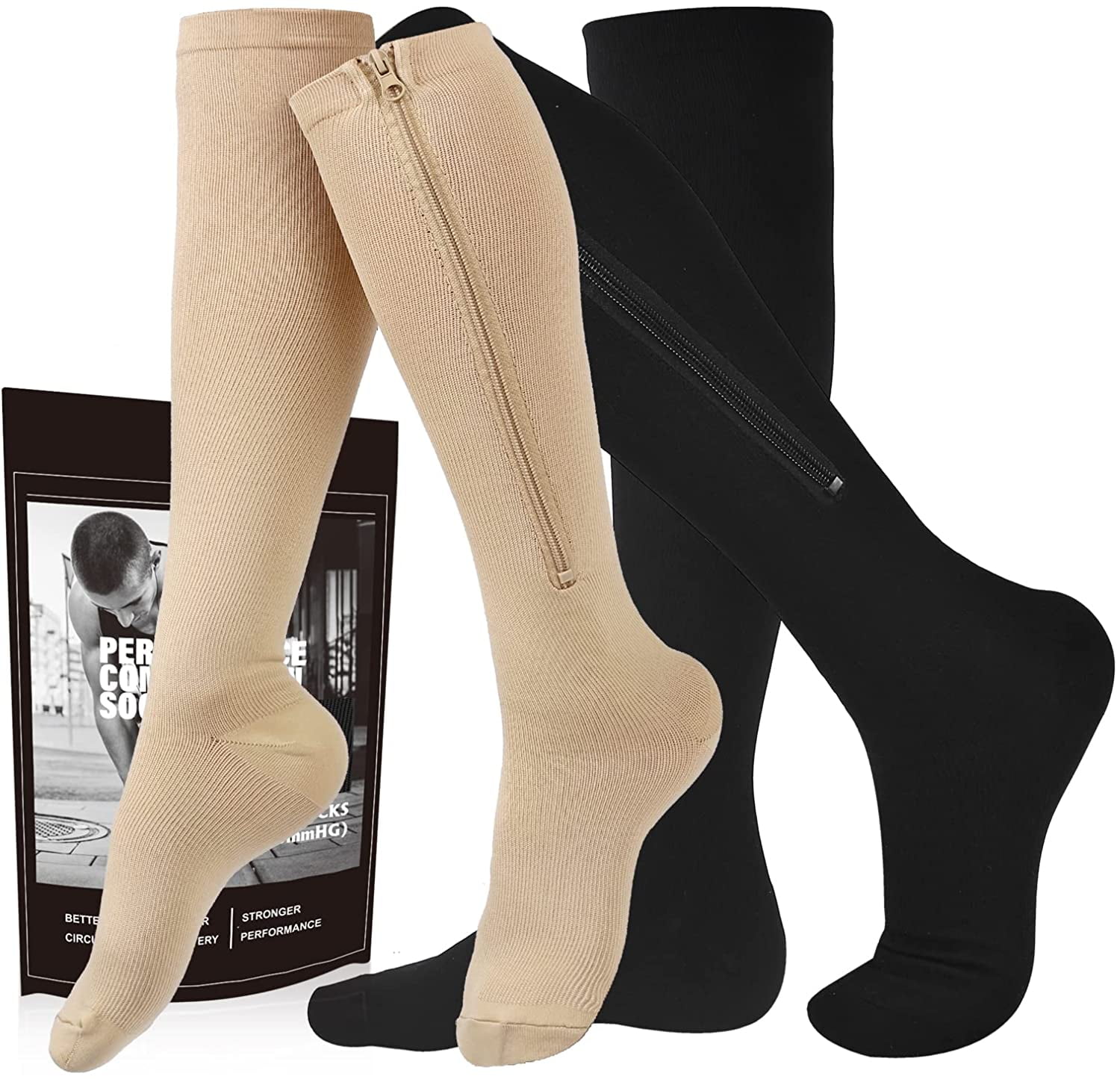 AMQTSLM Zipper Compression Socks Men & Women - 2 Pairs Of 15-20mmhg ...