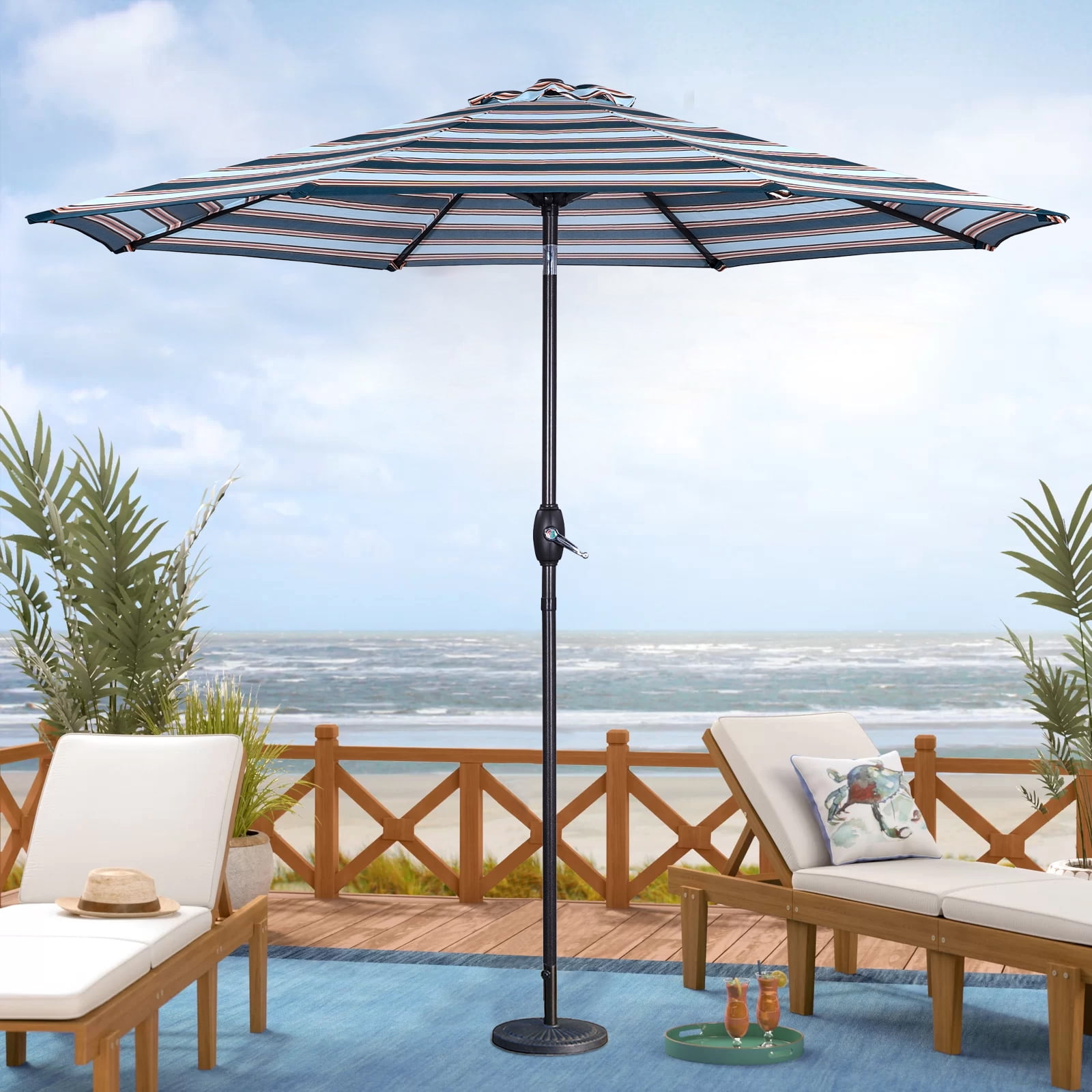 CozyHom Outdoor Outdoor 9 Ft Stripes Round Crank Premium Patio Umbrella, Market Table Umbrellas With Push Button Tilt And Crank Pool Umbrella, Blue & Brown striped