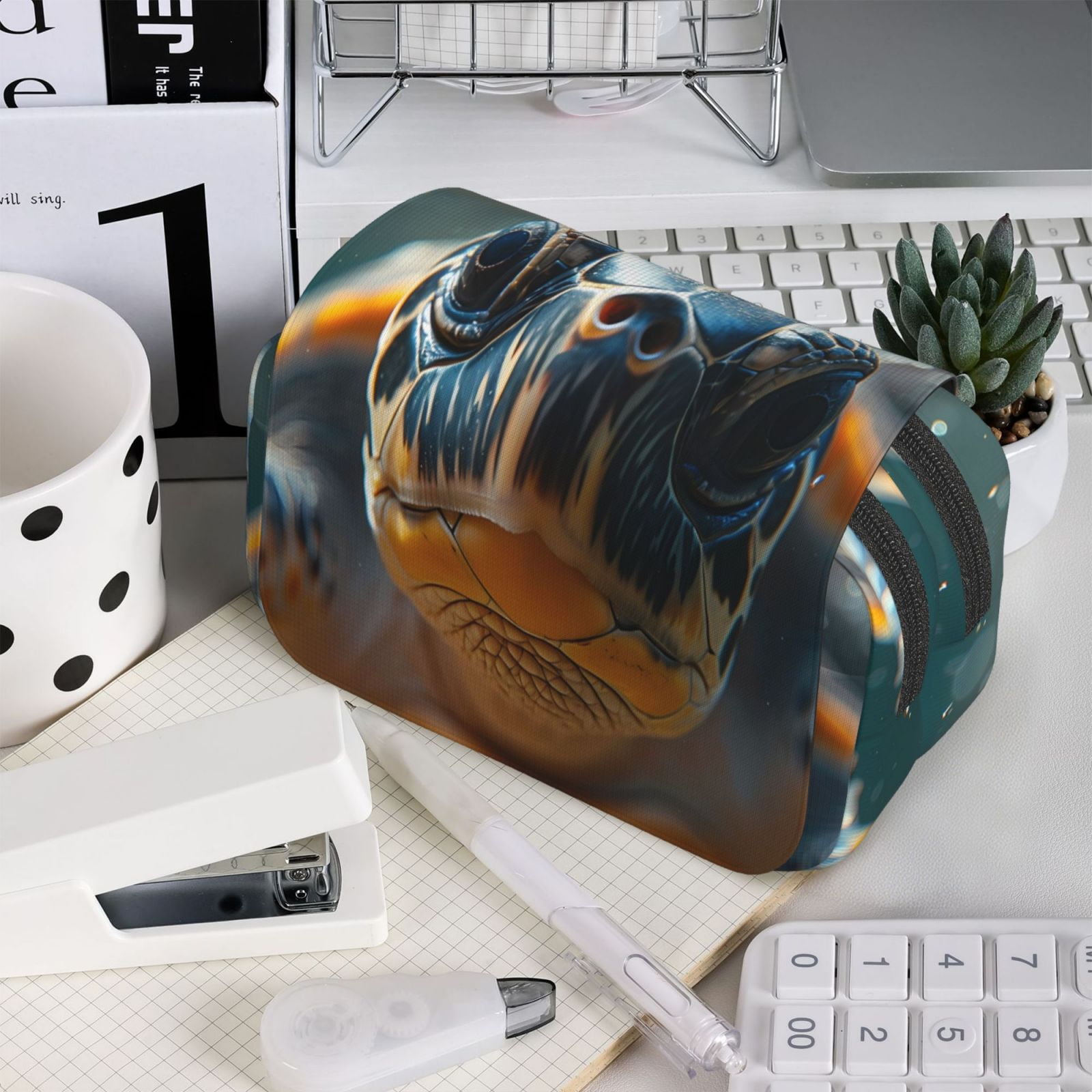 Rateoe Realistic Cute Sea Turtle Pattern Double Clamshell Pen Case, Storage Organizer with Two Zipper Compartments– Holds Up to 50 Pencils & Pens