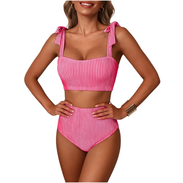 Conjunto de Bikini de Cintura Alta para Mujeres Traje de Baño de Correa sin Espalda de Color Sólido con Sujetadores Acolchados Extraíbles, Estilo de Corte Alto para Vacaciones Y Piscina