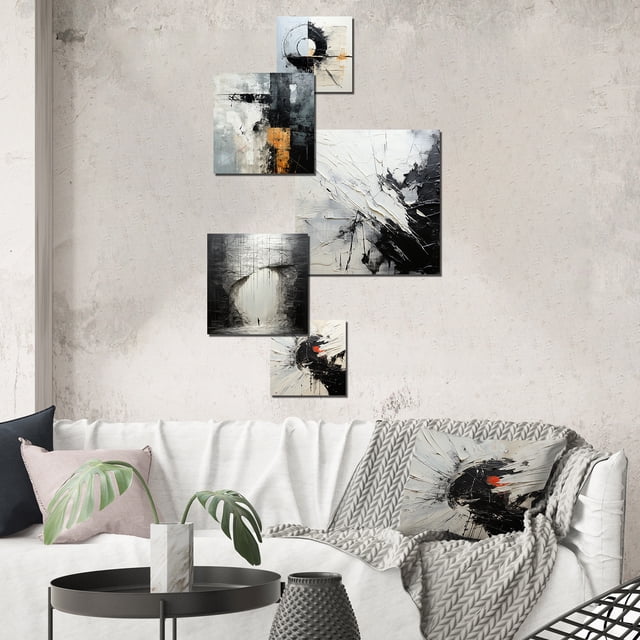 Designart "Geometric Eclipse In Grey And White Moon" Abstract Painting Wall Art Set Of 5 - Black Modern Wall Living Room Decor Set