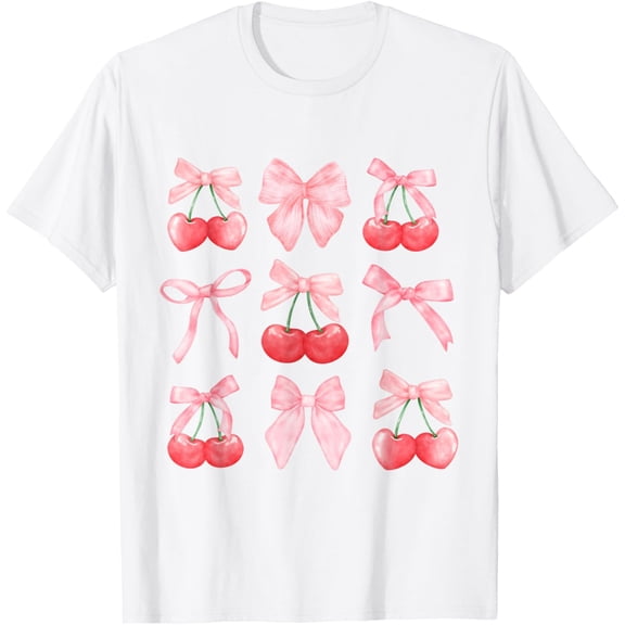 Coquette Aesthetic Pink Bow and Red Cherries Girls Kids T-ShirtMen's and women's pure cotton short-sleeved shirts