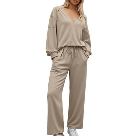 sususu Airport Outfits for Women 2025 Fall Clothes Women s Casual Tracksuit Set Soft Long Sleeve Hooded Top with Jogger Pants Athletic Loungewear for Everyday Wear in Cool Weather - Khaki