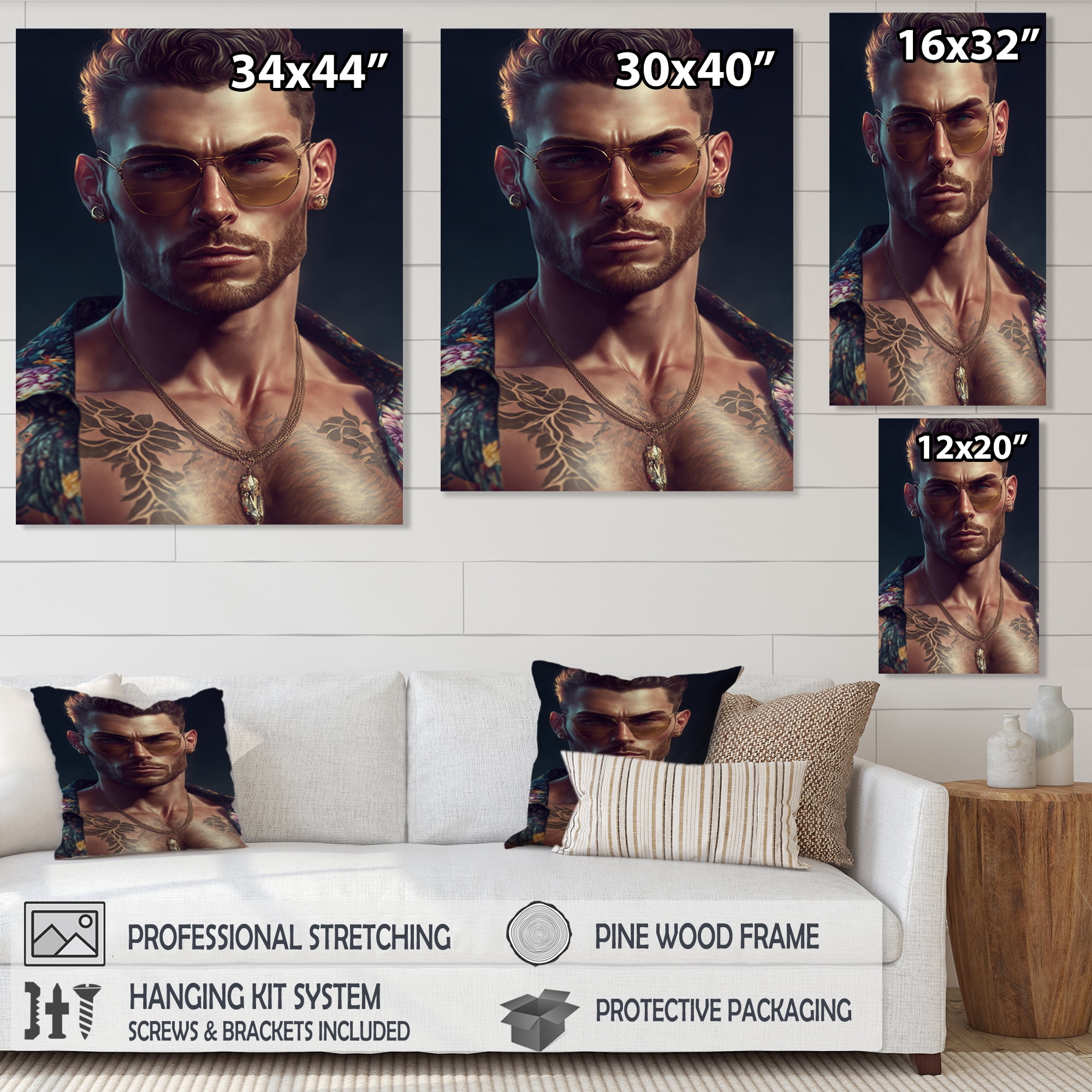 Designart Fashion Muscular Man With Sun Glasses VI Canvas Wall Art