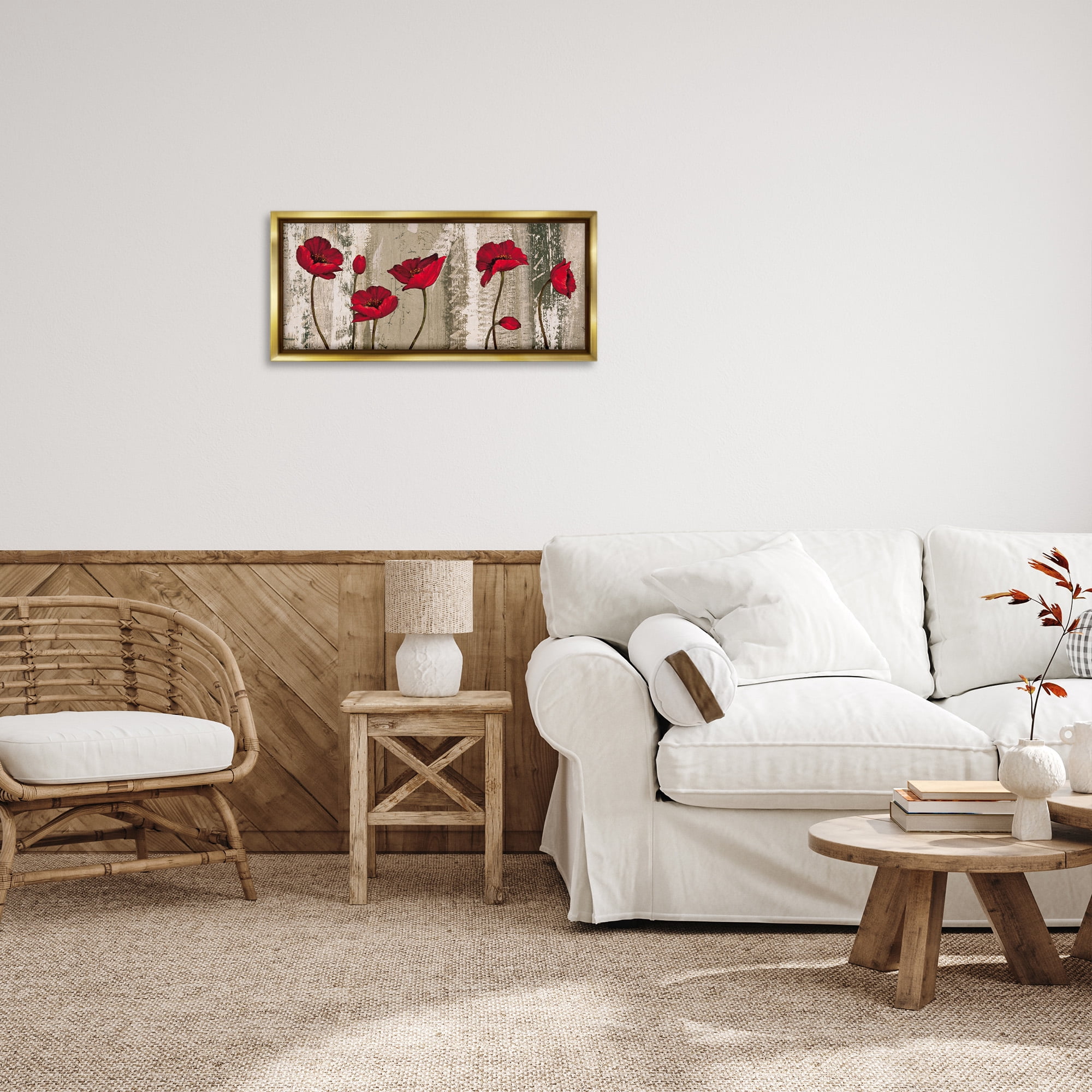 Stupell Industries Red Poppies Rustic Pattern Botanical & Floral Painting Gold Floater Framed Canvas Art Print Wall Art, 25 x 11
